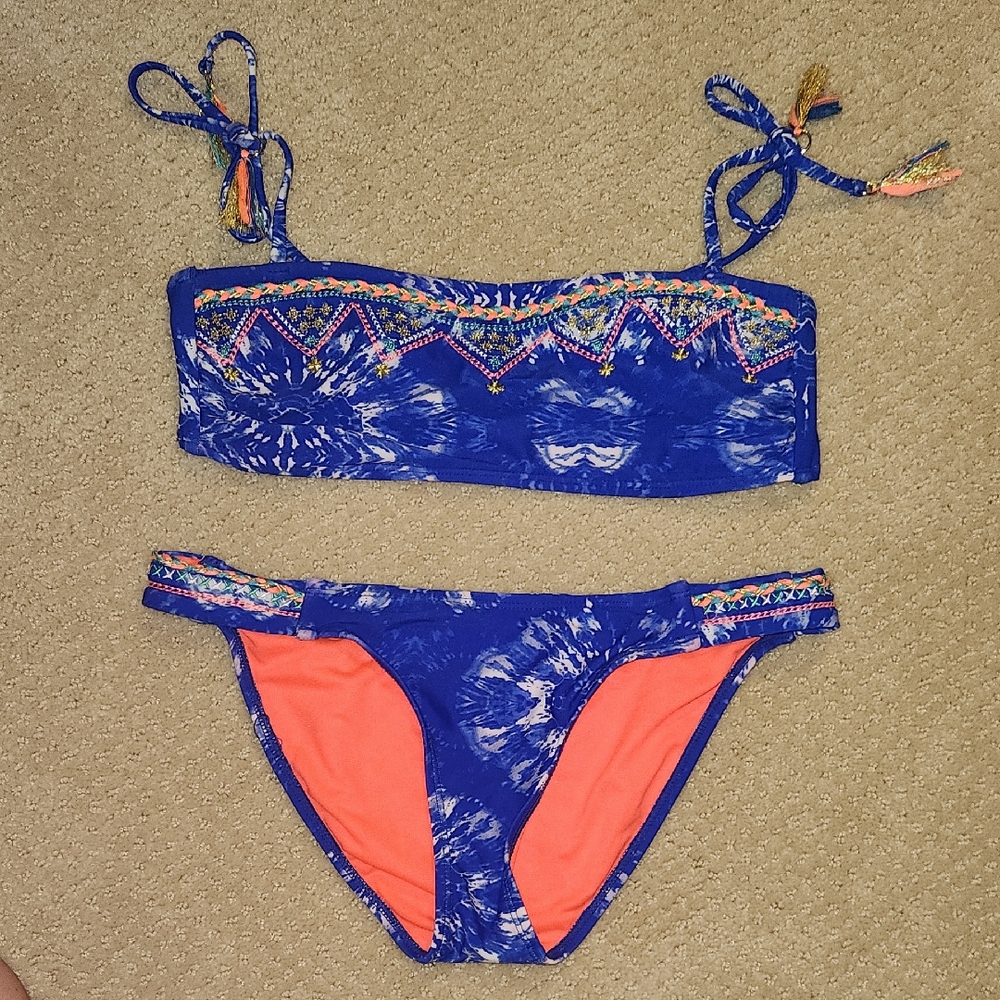 Heat Blue and Orange Bikini with Embroidered Details M